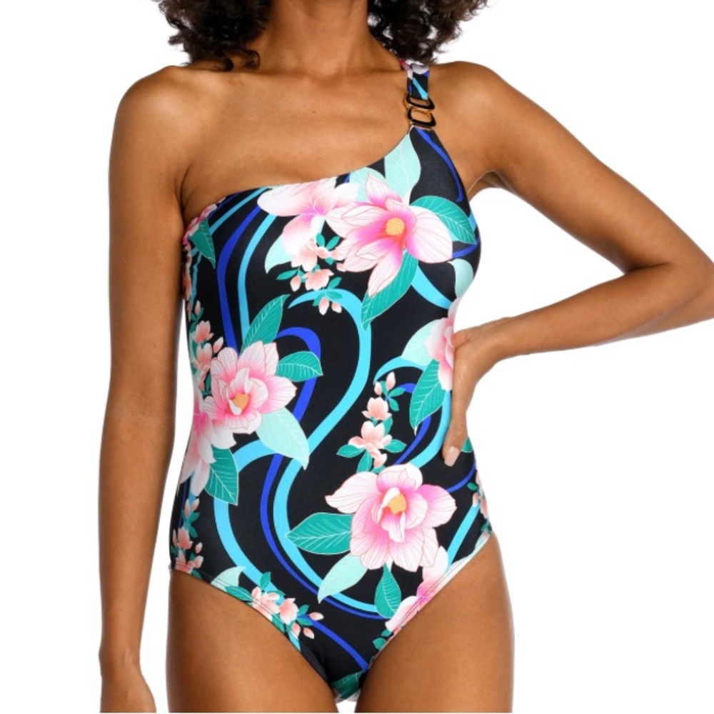 LA BLANCA womens one shoulder one piece swimsuit in nightfall blooms size 10 NWT